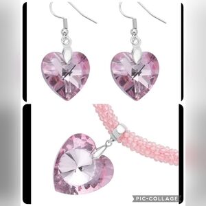 🆕️ Set - Simulated Pink Sapphire Heart Earrings, Pendant with Beaded Necklace